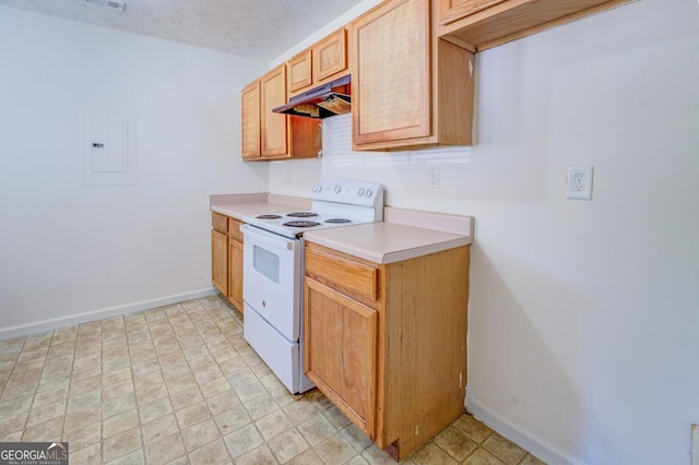 kitchen with light brown cabinetry, electric stove, a textured ceiling, and electric panel