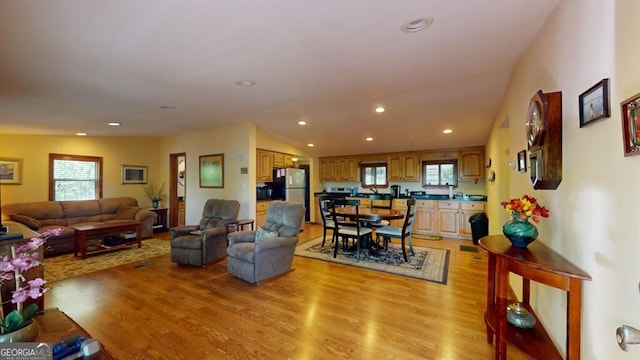 living room with light hardwood / wood-style floors and vaulted ceiling