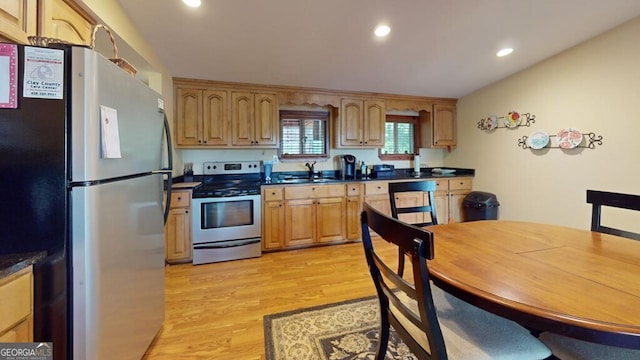 kitchen with sink, light wood-type flooring, and appliances with stainless steel finishes