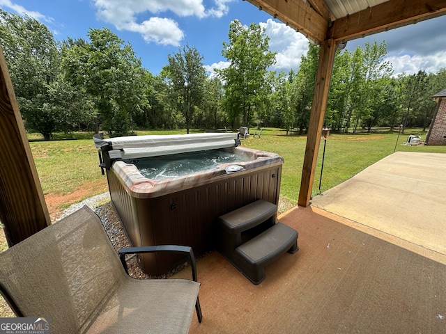 view of patio featuring a hot tub