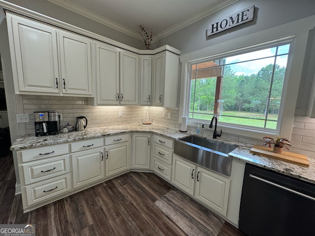 kitchen with dark wood-type flooring, backsplash, sink, white cabinetry, and ornamental molding