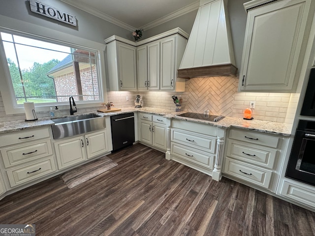 kitchen featuring black appliances, sink, custom range hood, and dark hardwood / wood-style flooring