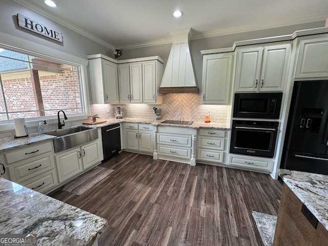 kitchen with backsplash, dark wood-type flooring, black appliances, and custom range hood