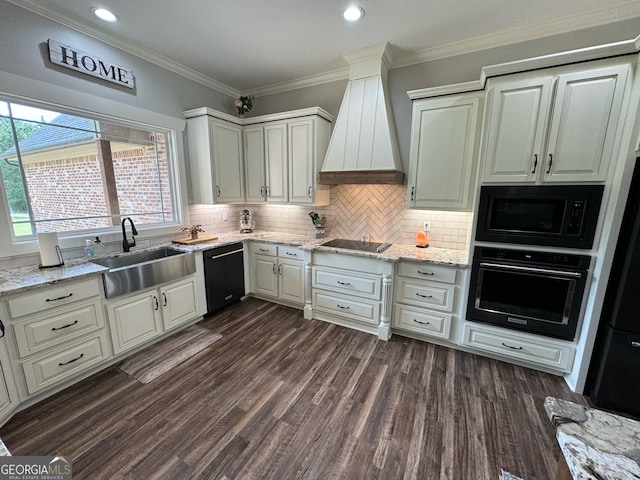 kitchen featuring custom range hood, black appliances, dark hardwood / wood-style floors, sink, and tasteful backsplash