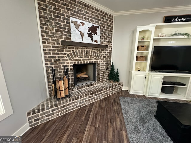 living room featuring crown molding, a fireplace, and dark wood-type flooring