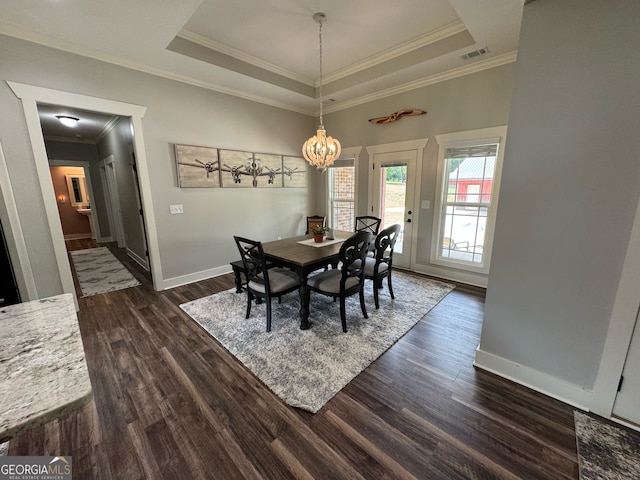 dining room featuring a raised ceiling, ornamental molding, and dark wood-type flooring