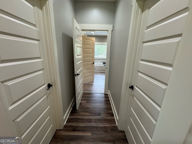 hall with dark wood-type flooring