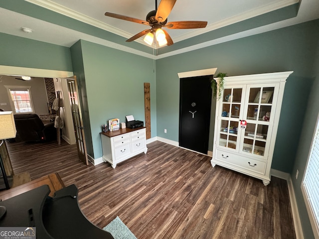 interior space with crown molding, dark hardwood / wood-style floors, and a raised ceiling