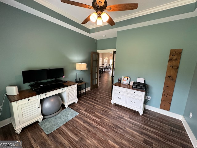 office with dark hardwood / wood-style flooring, ceiling fan, and crown molding