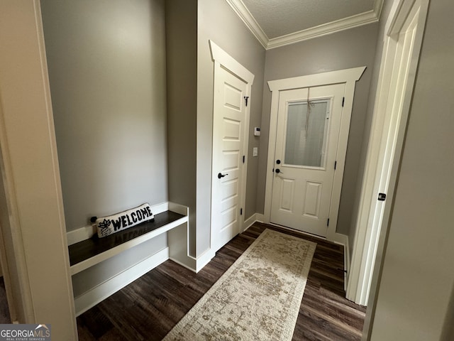 interior space with ornamental molding and dark wood-type flooring