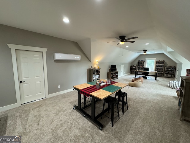 carpeted dining space featuring ceiling fan, lofted ceiling, and a wall mounted AC