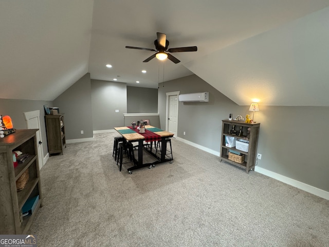 game room featuring vaulted ceiling, carpet, ceiling fan, and a wall mounted air conditioner