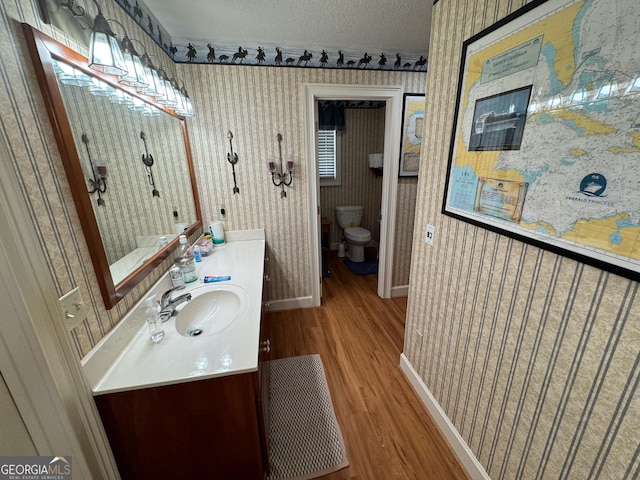 bathroom featuring vanity, wood-type flooring, a textured ceiling, and toilet