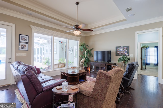 living room featuring a tray ceiling, a healthy amount of sunlight, dark hardwood / wood-style floors, and ceiling fan