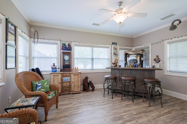 bar with ceiling fan, light hardwood / wood-style floors, and crown molding