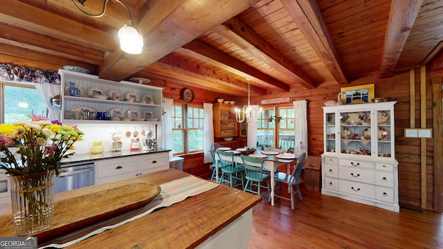 kitchen with hanging light fixtures, wood walls, and white cabinetry