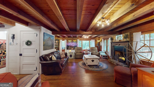 living room featuring beam ceiling, a healthy amount of sunlight, wood ceiling, and dark hardwood / wood-style flooring