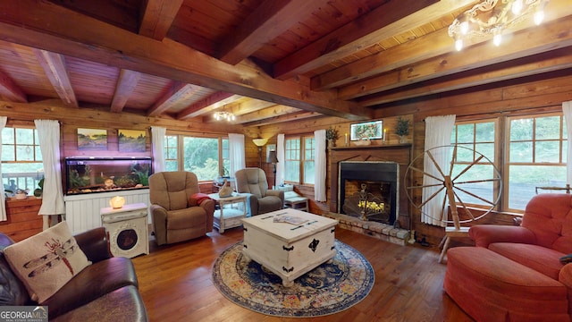 living room with wooden ceiling, beam ceiling, hardwood / wood-style floors, and wooden walls