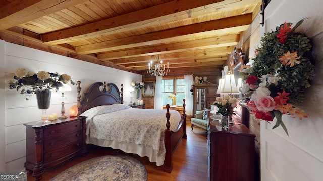 bedroom with wood walls, beamed ceiling, an inviting chandelier, dark wood-type flooring, and wooden ceiling