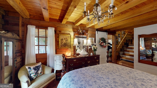 bedroom featuring wooden ceiling, a notable chandelier, and beamed ceiling