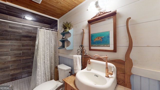 bathroom with walk in shower, wood ceiling, toilet, and wood walls