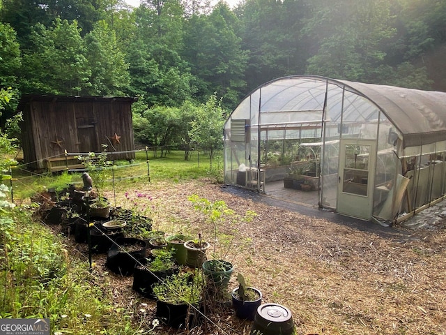 view of yard featuring a storage unit