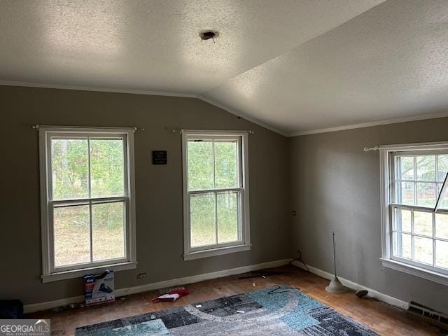 bonus room with hardwood / wood-style flooring, a textured ceiling, and lofted ceiling