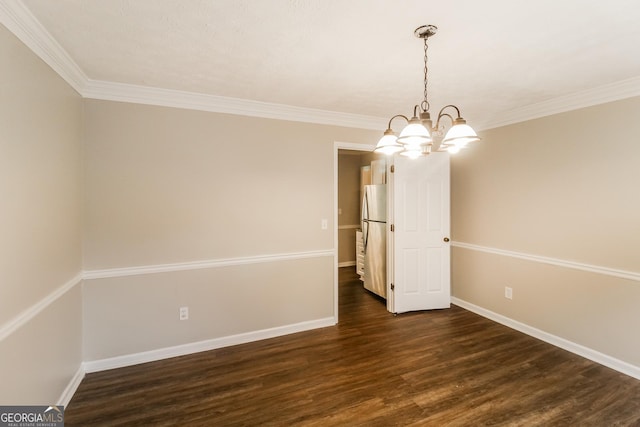 unfurnished dining area featuring an inviting chandelier, dark wood-style floors, baseboards, and ornamental molding