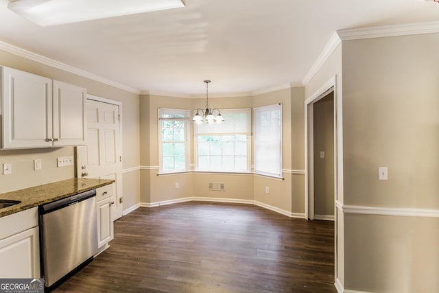 kitchen with dark wood-style flooring, dark stone countertops, white cabinetry, and stainless steel dishwasher