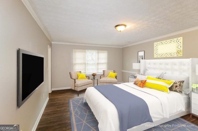 bedroom featuring dark wood finished floors, crown molding, baseboards, and a textured ceiling