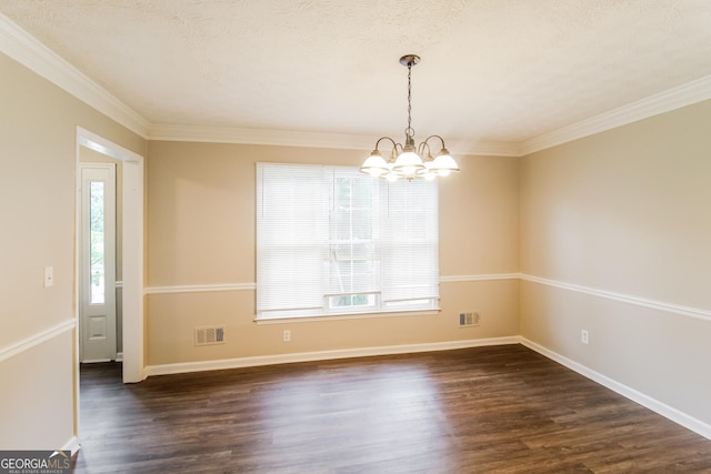 unfurnished dining area featuring a notable chandelier, baseboards, visible vents, and dark wood-style flooring