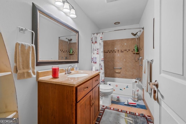 full bathroom featuring tile flooring, shower / tub combo, vanity, and toilet