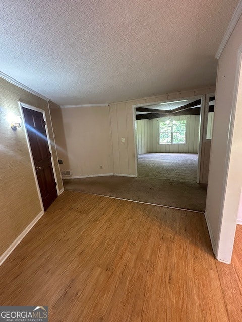 interior space with a textured ceiling, carpet floors, and crown molding