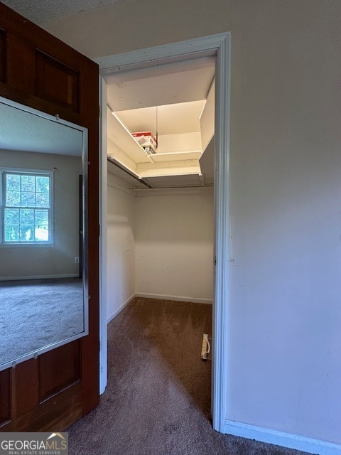 spacious closet with dark colored carpet