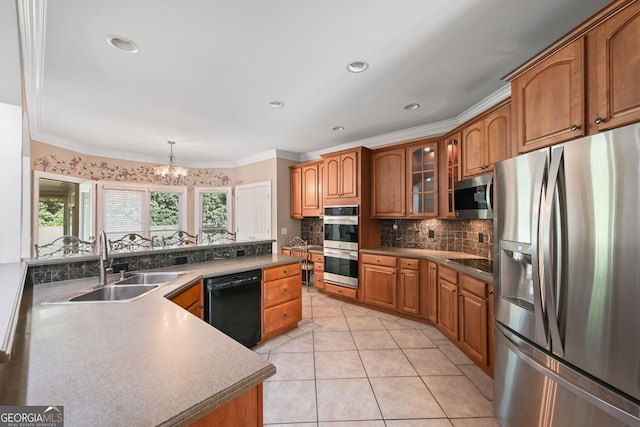 kitchen featuring black appliances, a notable chandelier, sink, tasteful backsplash, and light tile floors