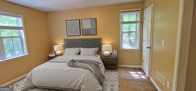 carpeted bedroom with multiple windows