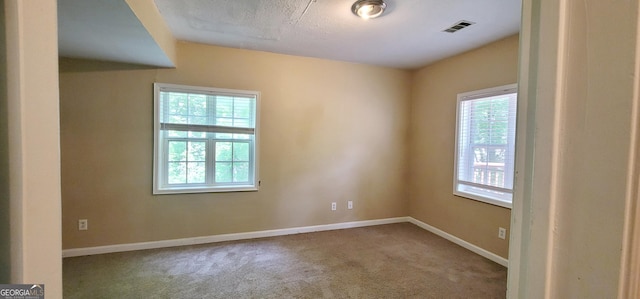 empty room featuring a textured ceiling and carpet flooring