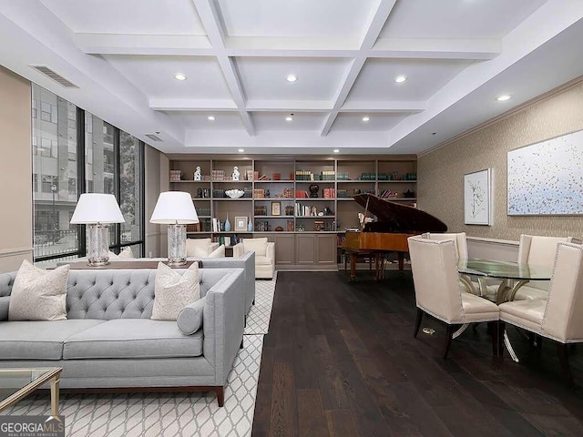 living room with coffered ceiling, beamed ceiling, and wood-type flooring