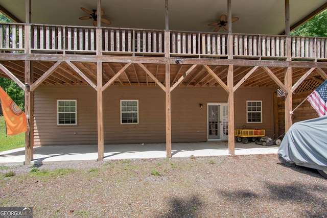 back of property featuring a patio area, french doors, and ceiling fan