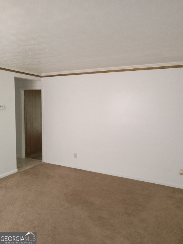 empty room featuring crown molding and carpet flooring