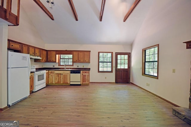 kitchen with white appliances, high vaulted ceiling, a healthy amount of sunlight, and light hardwood / wood-style flooring