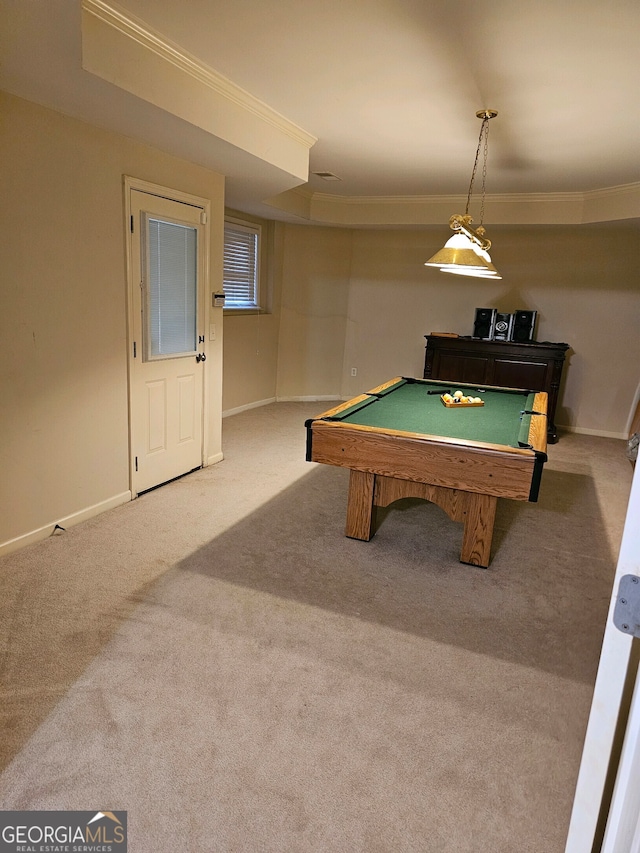 game room featuring crown molding, pool table, and light colored carpet