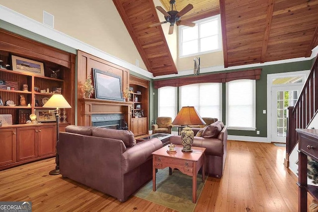 living room featuring high vaulted ceiling, ceiling fan, light hardwood / wood-style floors, and wooden ceiling