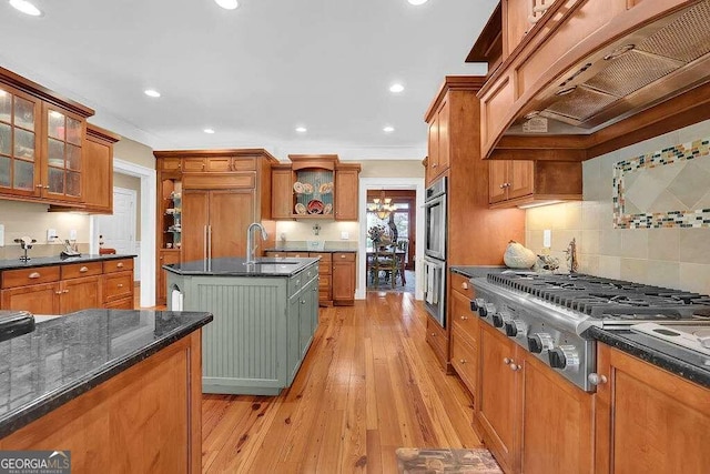 kitchen with custom range hood, a sink, appliances with stainless steel finishes, light wood-type flooring, and open shelves
