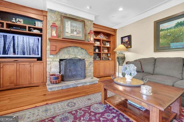 living room with ornamental molding, wood-type flooring, and a fireplace