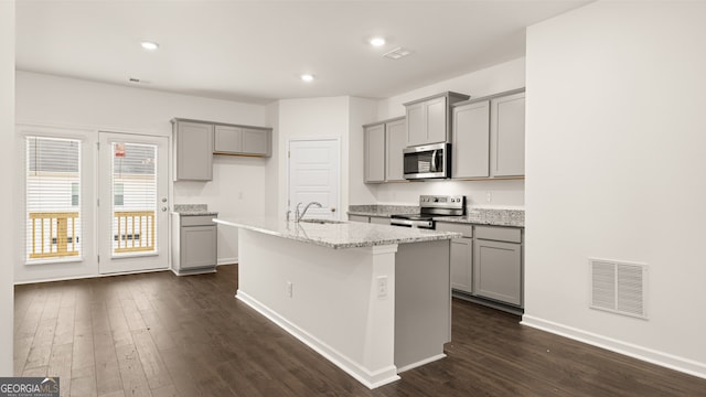 kitchen with light stone counters, stainless steel appliances, dark hardwood / wood-style flooring, sink, and a kitchen island with sink