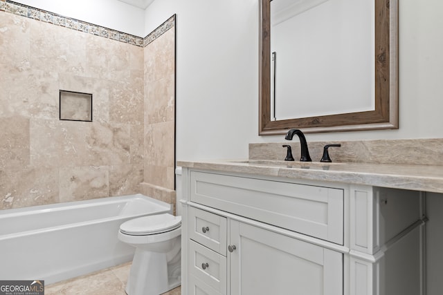 full bathroom featuring shower / tub combination, tile patterned floors, toilet, and vanity