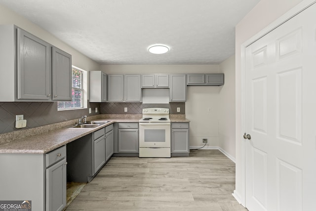 kitchen with gray cabinetry, light hardwood / wood-style flooring, and white electric range oven