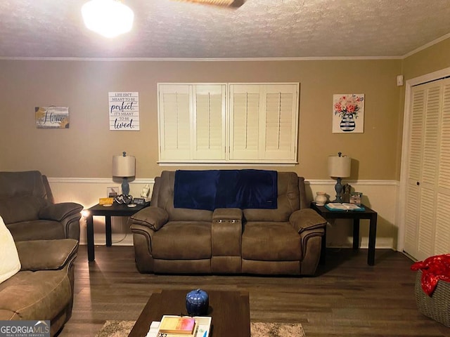 living room featuring crown molding, a textured ceiling, and dark wood-type flooring