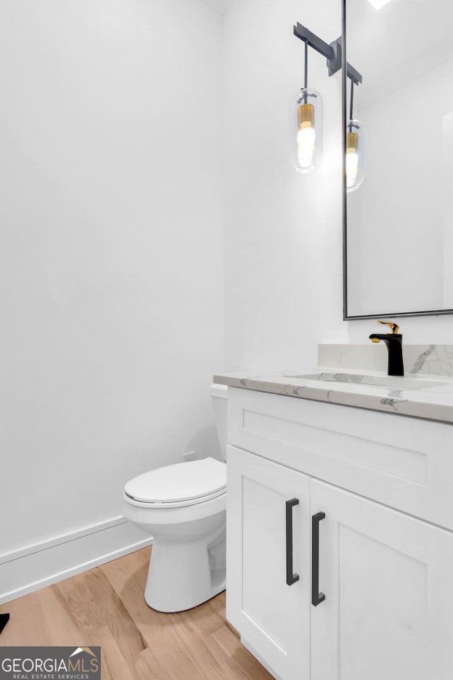 bathroom with vanity, hardwood / wood-style flooring, and toilet